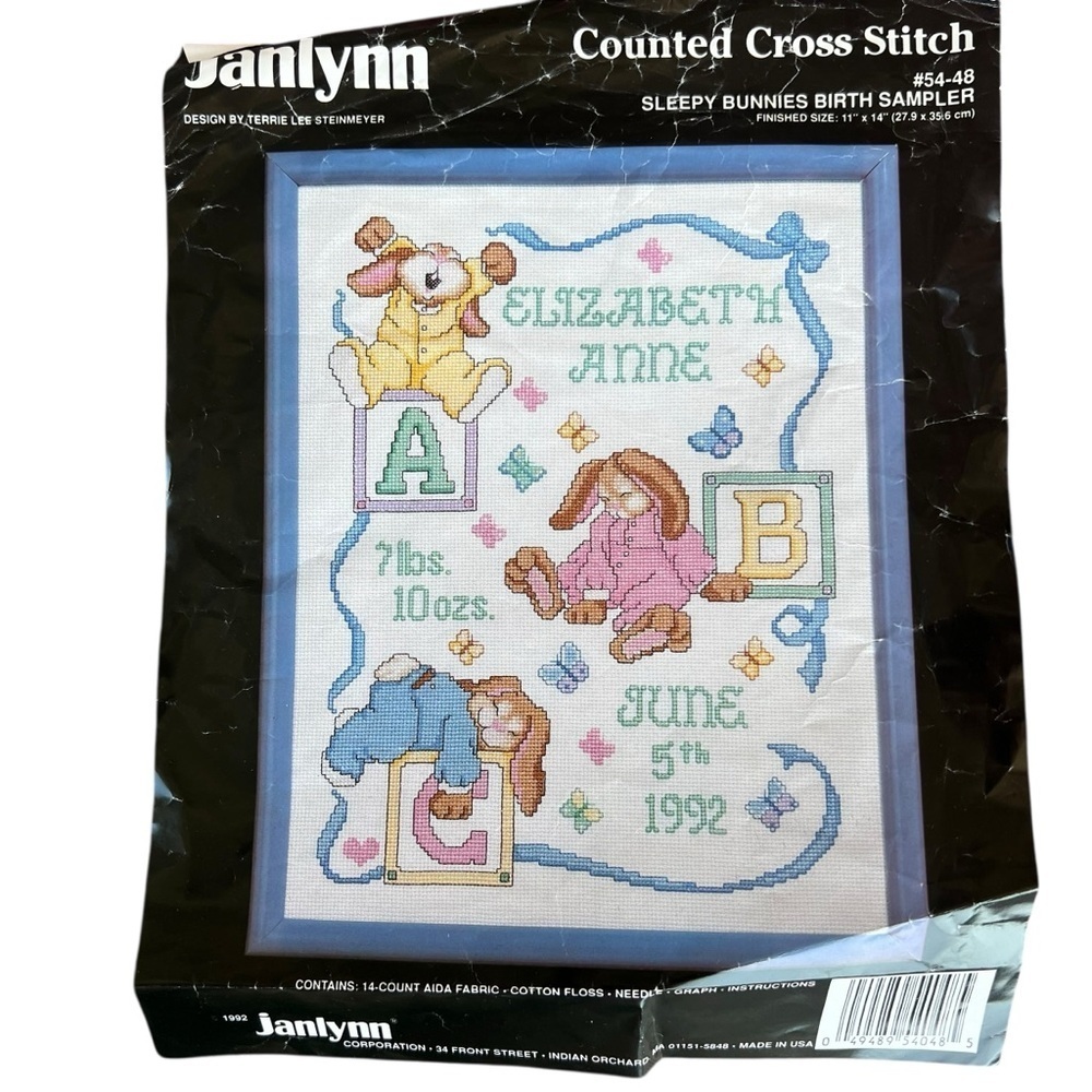VTG‎ Janlynn Counted Cross Stitch Sleepy Bunnies Birth Sampler #54-48 11x14 READ